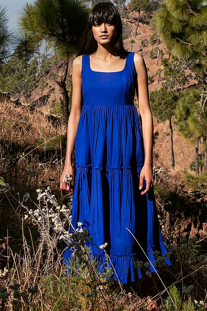 Electric Blue Fit & Flare Midi Summer Dress by Khara Kapas at Pernia's Pop Up Shop