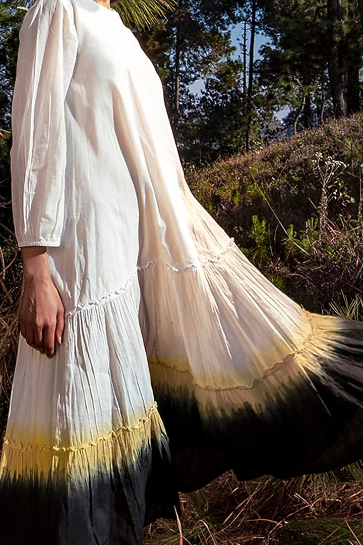 White & Grey Frilled Midi Summer Dress by Khara Kapas at Pernia's Pop Up Shop