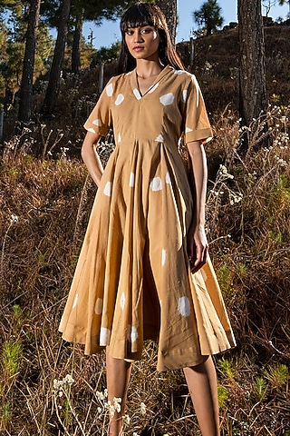 Mustard Printed Midi Dress by Khara Kapas
