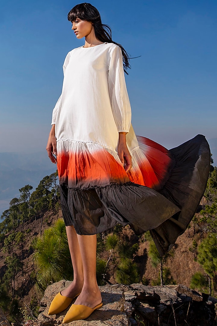 White & Charcoal Frilled Midi Dress by Khara Kapas