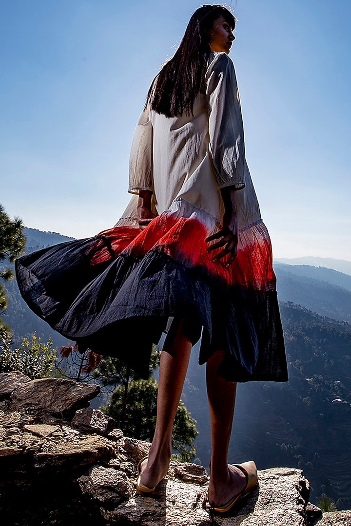 White & Charcoal Frilled Midi Summer Dress by Khara Kapas at Pernia's Pop Up Shop