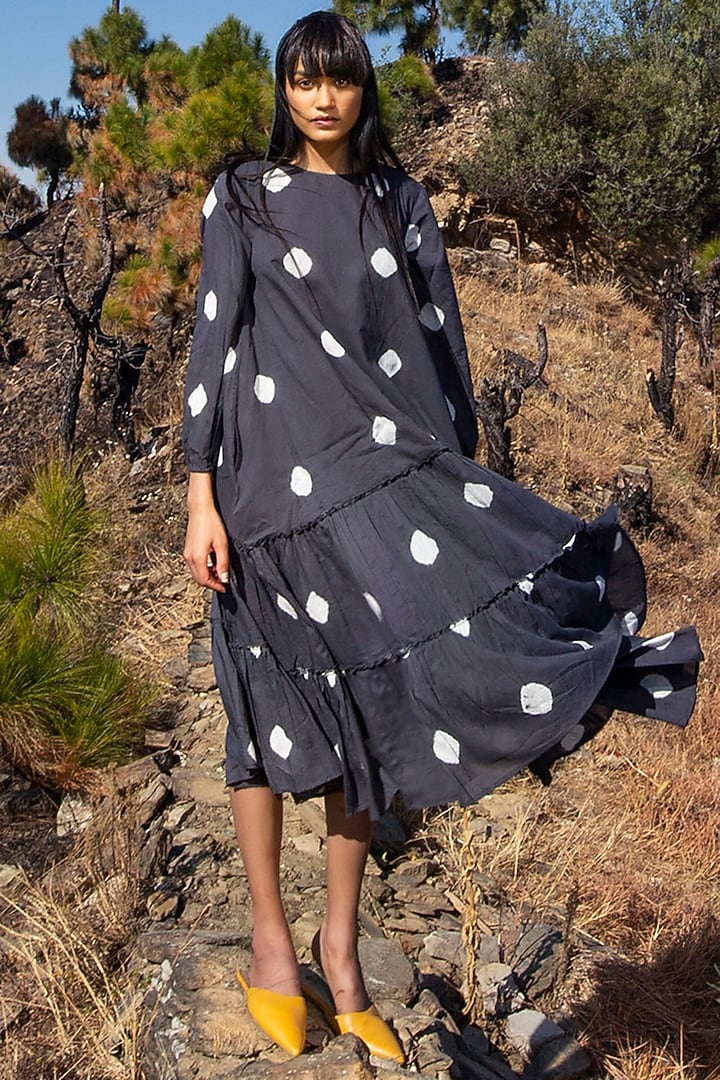 Black Printed Midi Summer Dress by Khara Kapas at Pernia's Pop Up Shop
