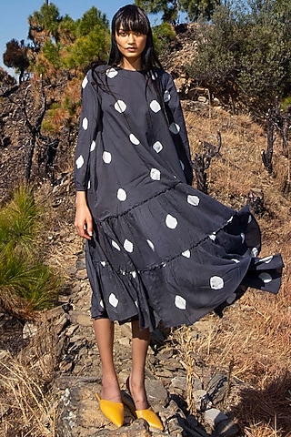 Black Printed Midi Dress by Khara Kapas