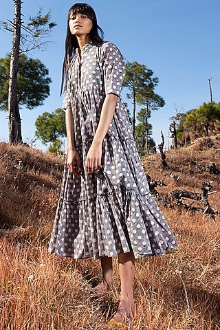 Grey Printed Midi Dress by Khara Kapas