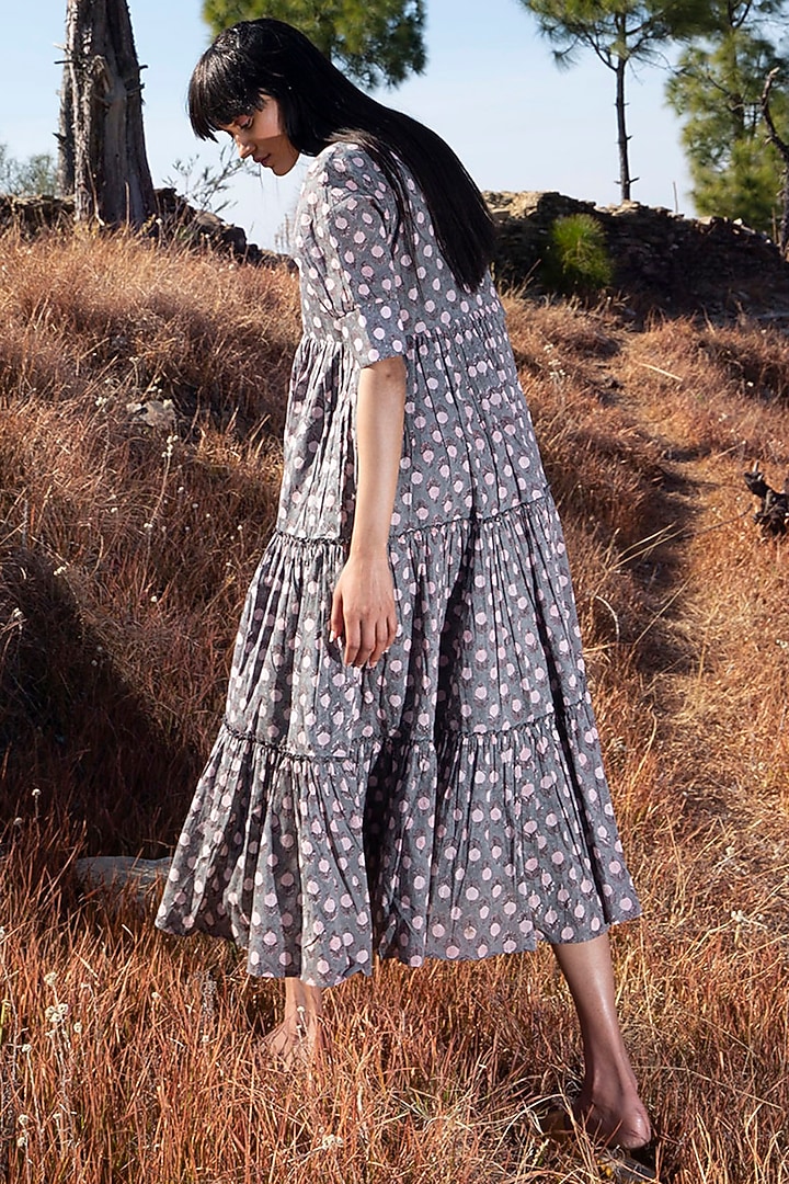Grey Printed Midi Summer Dress by Khara Kapas at Pernia's Pop Up Shop