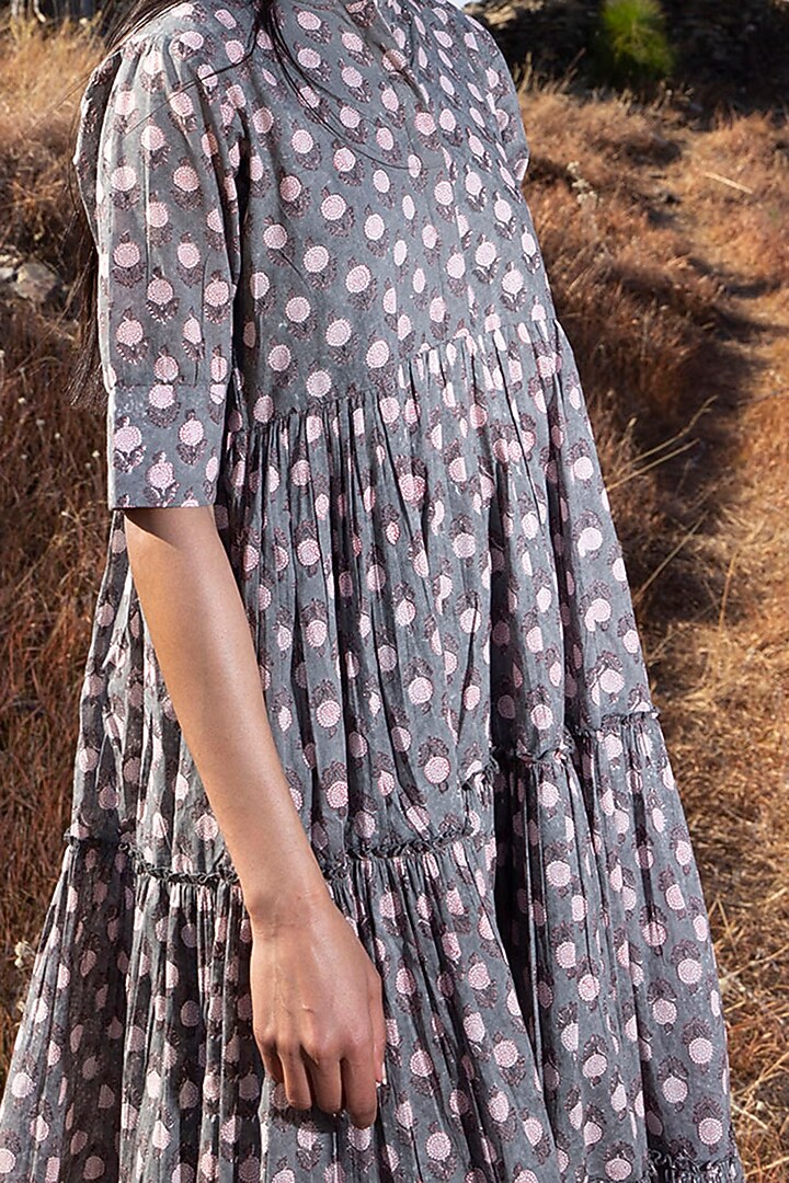 Grey Printed Midi Summer Dress by Khara Kapas at Pernia's Pop Up Shop