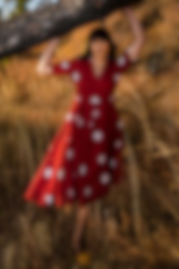 Crimson Red Printed Midi Summer Dress by Khara Kapas at Pernia's Pop Up Shop