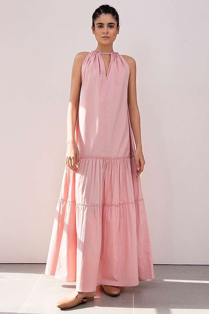 Blush Pink Tiered Maxi Dress by Khara Kapas