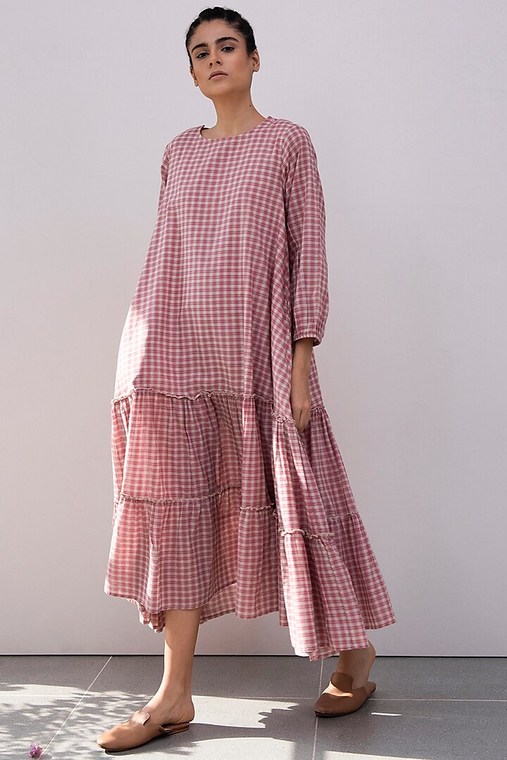 Pink Checkered Midi Dress by Khara Kapas