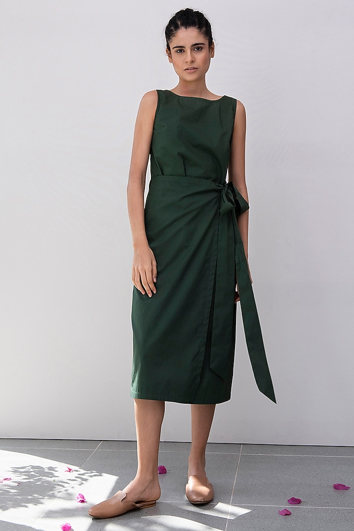 Green Tie-Up Midi Summer Dress by Khara Kapas at Pernia's Pop Up Shop