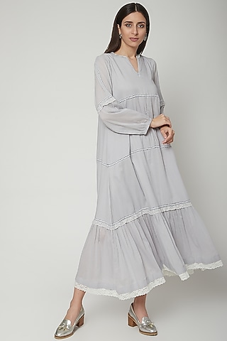 Pale Blue Tiered Dress With Bishop Sleeves by Khara Kapas