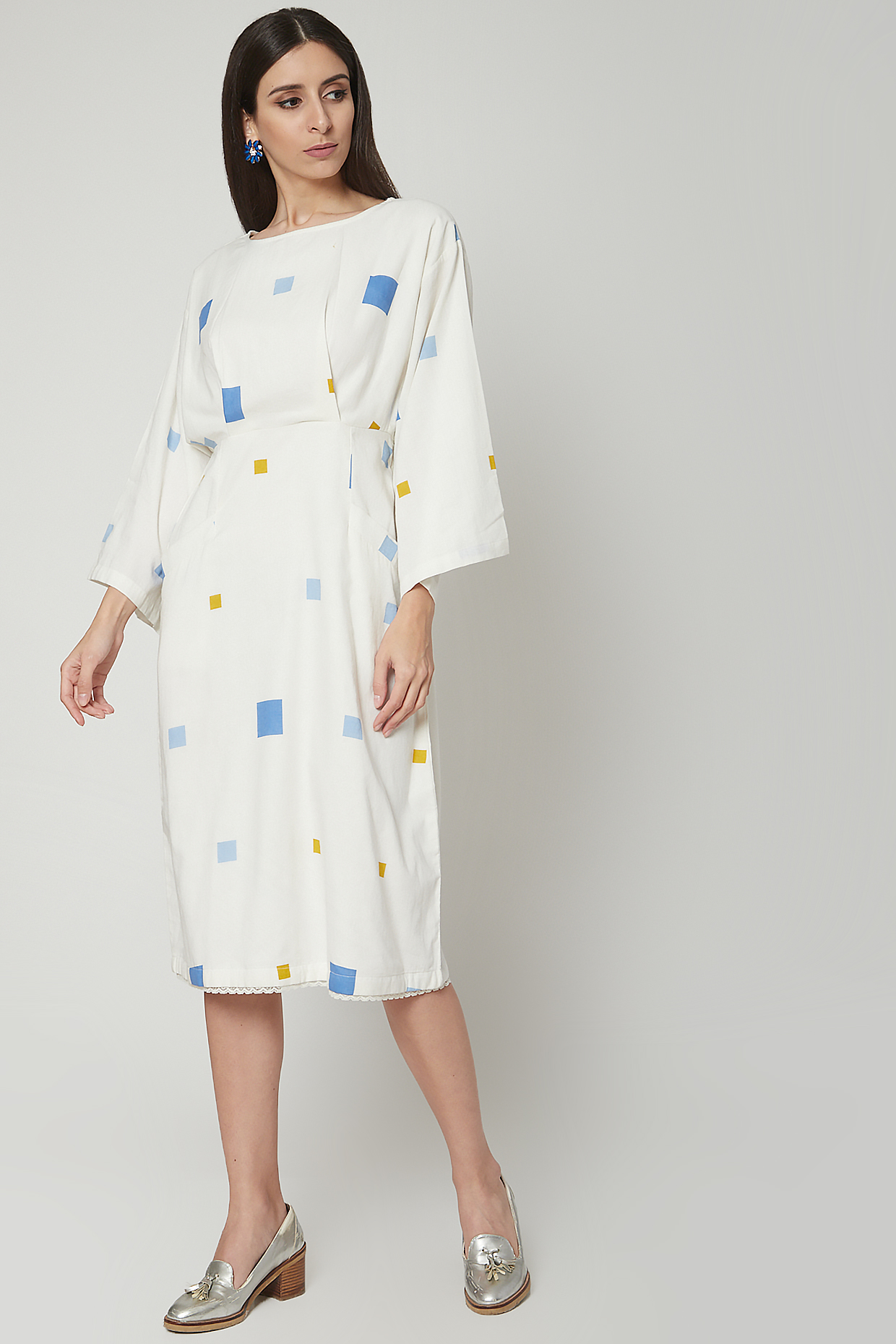 White Box Pleated Summer Dress With Block Print by Khara Kapas at Pernia's Pop Up Shop