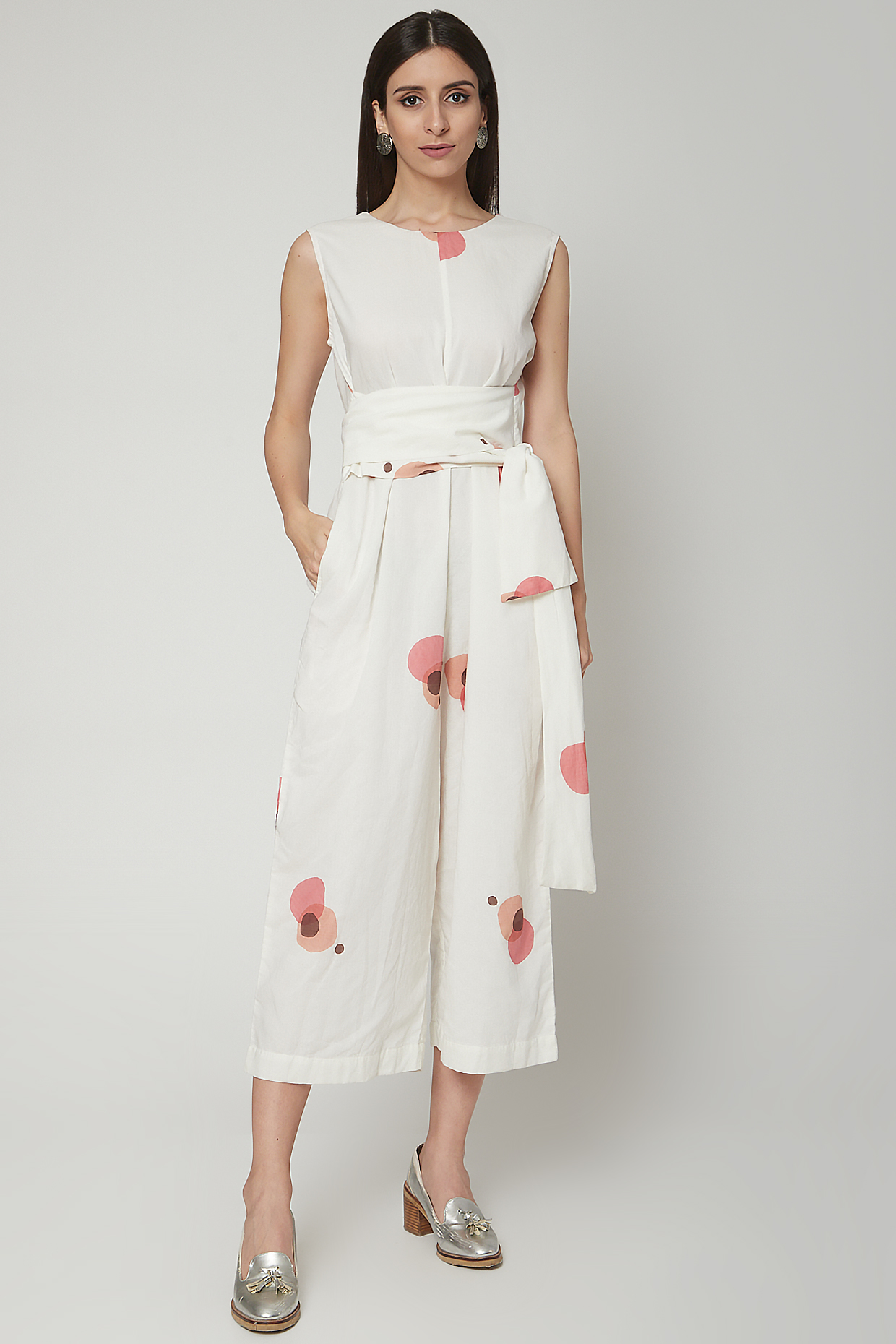 Ivory Block Printed Jumpsuit With Belt by Khara Kapas at Pernia's Pop Up Shop