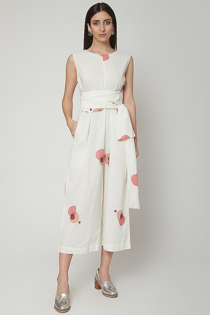 Ivory Block Printed Jumpsuit With Belt by Khara Kapas at Pernia's Pop Up Shop