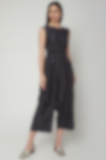 Charcoal Grey Embroidered Jumpsuit With Belt by Khara Kapas