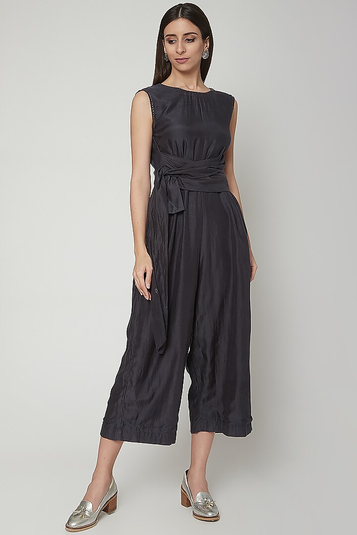 Charcoal Grey Embroidered Jumpsuit With Belt by Khara Kapas