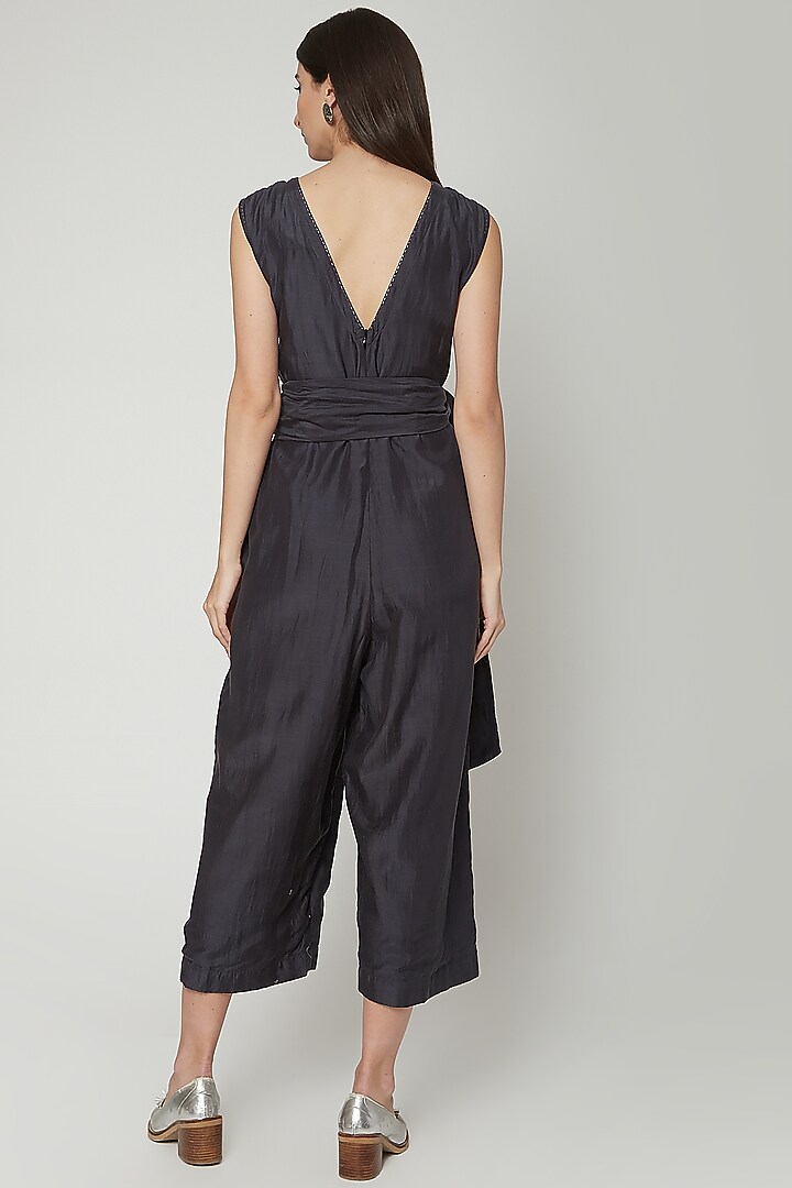 Charcoal Grey Embroidered Jumpsuit With Belt by Khara Kapas at Pernia's Pop Up Shop