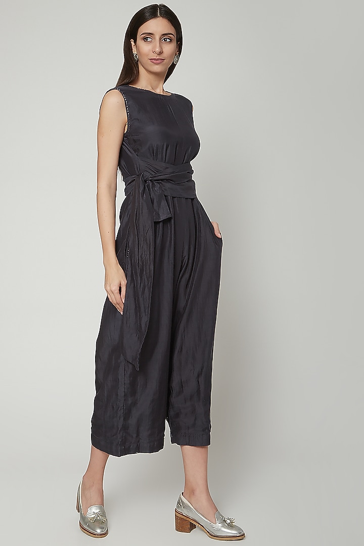 Charcoal Grey Embroidered Jumpsuit With Belt by Khara Kapas at Pernia's Pop Up Shop