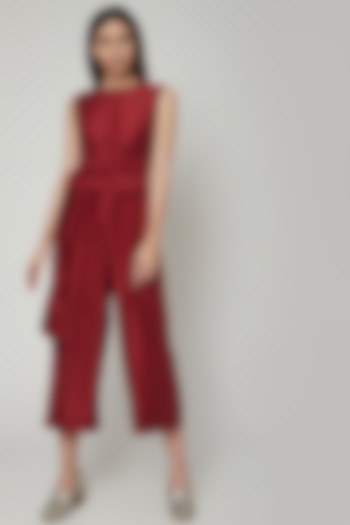 Scarlet Red Embroidered Jumpsuit With Tie-Up Belt by Khara Kapas