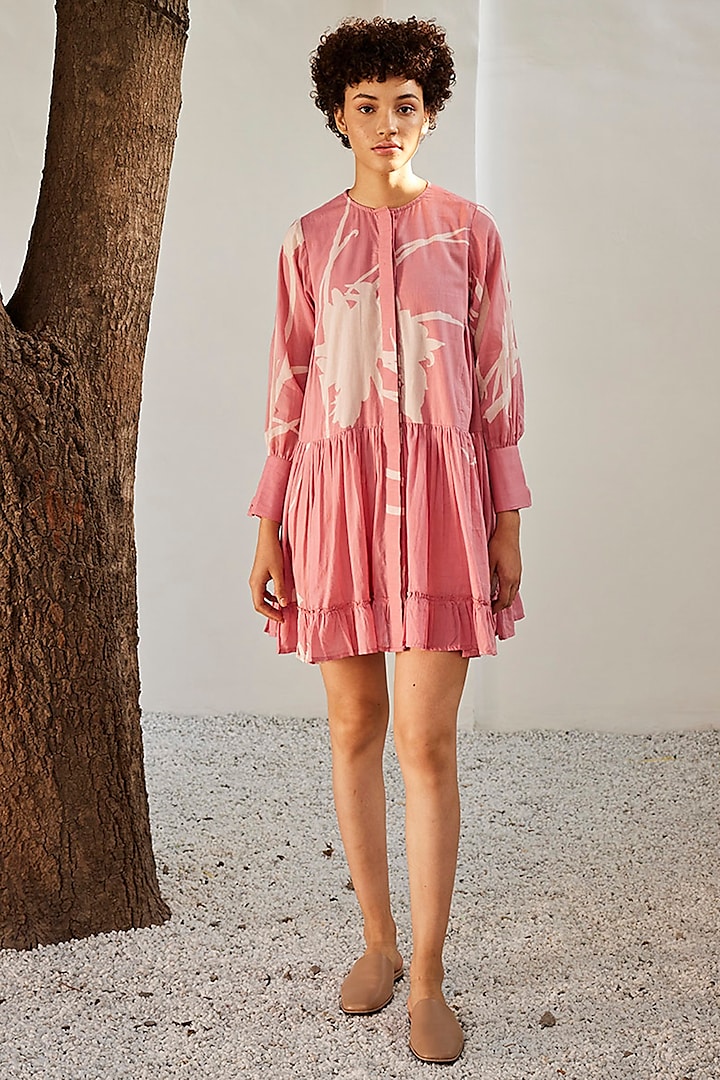 Pale Pink Mul Cotton Printed Dress by Khara Kapas