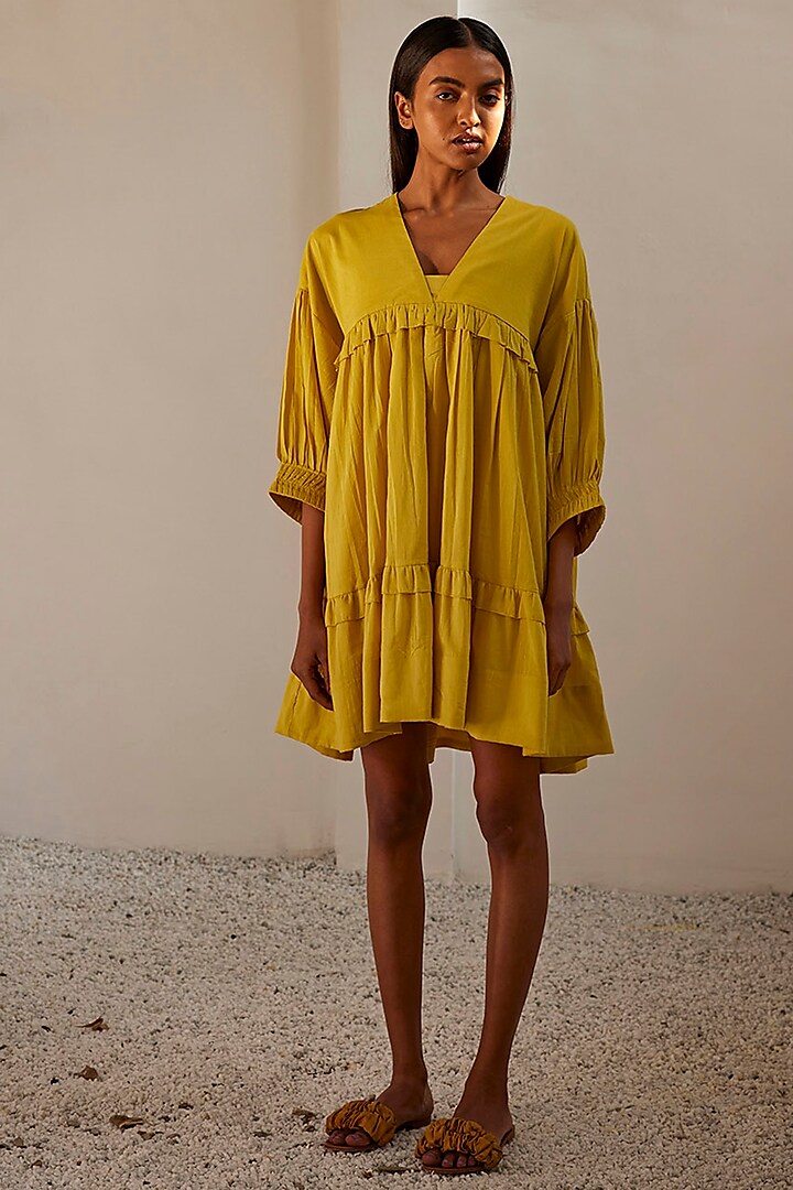 Lime Yellow Mul Cotton Tiered Dress by Khara Kapas
