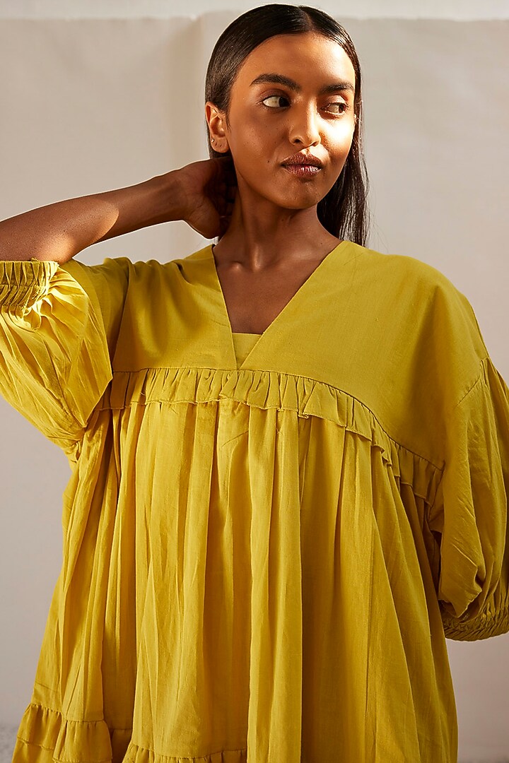 Lime Yellow Mul Cotton Tiered Summer Dress by Khara Kapas at Pernia's Pop Up Shop