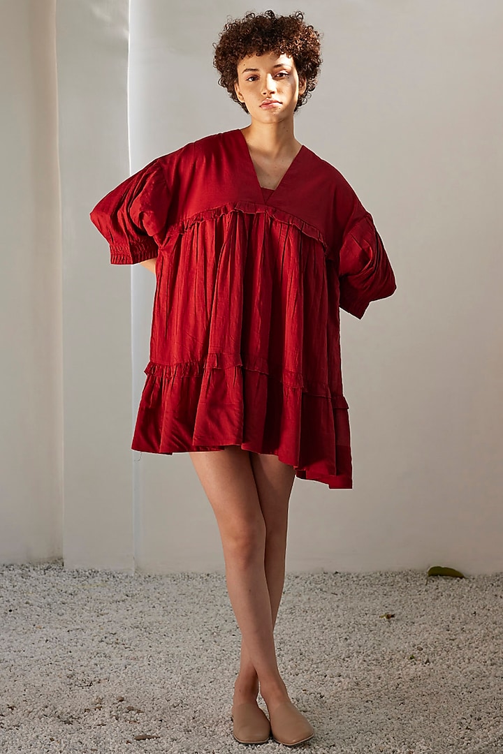 Brick Red Mul Cotton Tiered Dress by Khara Kapas