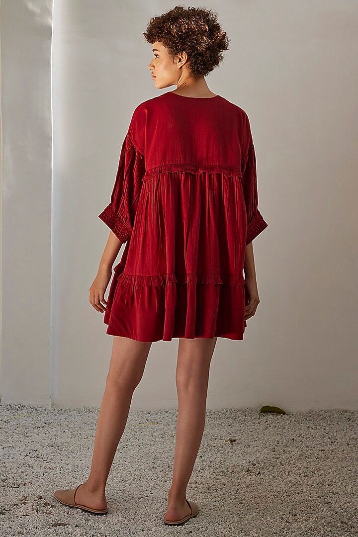 Brick Red Mul Cotton Tiered Summer Dress by Khara Kapas at Pernia's Pop Up Shop