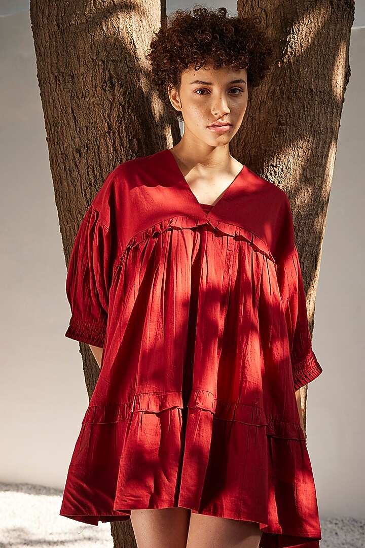 Brick Red Mul Cotton Tiered Summer Dress by Khara Kapas at Pernia's Pop Up Shop