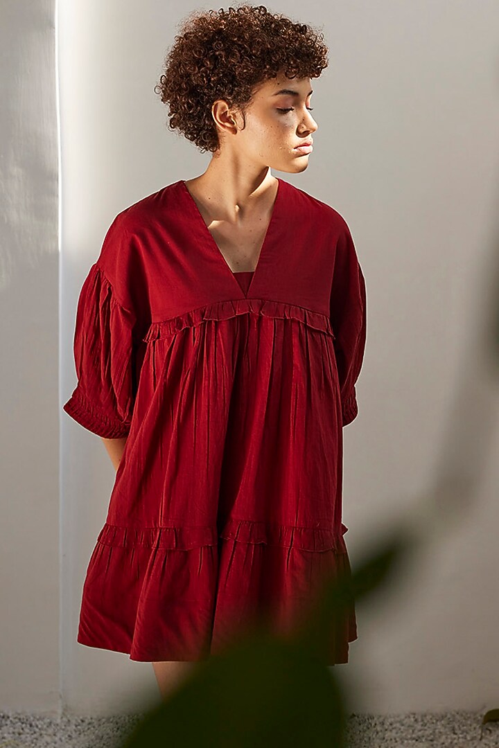 Brick Red Mul Cotton Tiered Summer Dress by Khara Kapas at Pernia's Pop Up Shop