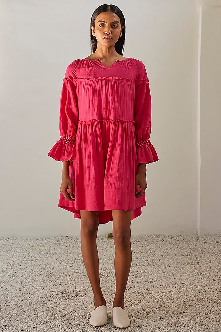 Fuchsia Pink Double Cotton Tiered Dress by Khara Kapas