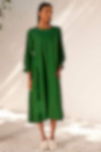 Forest Green Linen Gathered Midi Dress by Khara Kapas