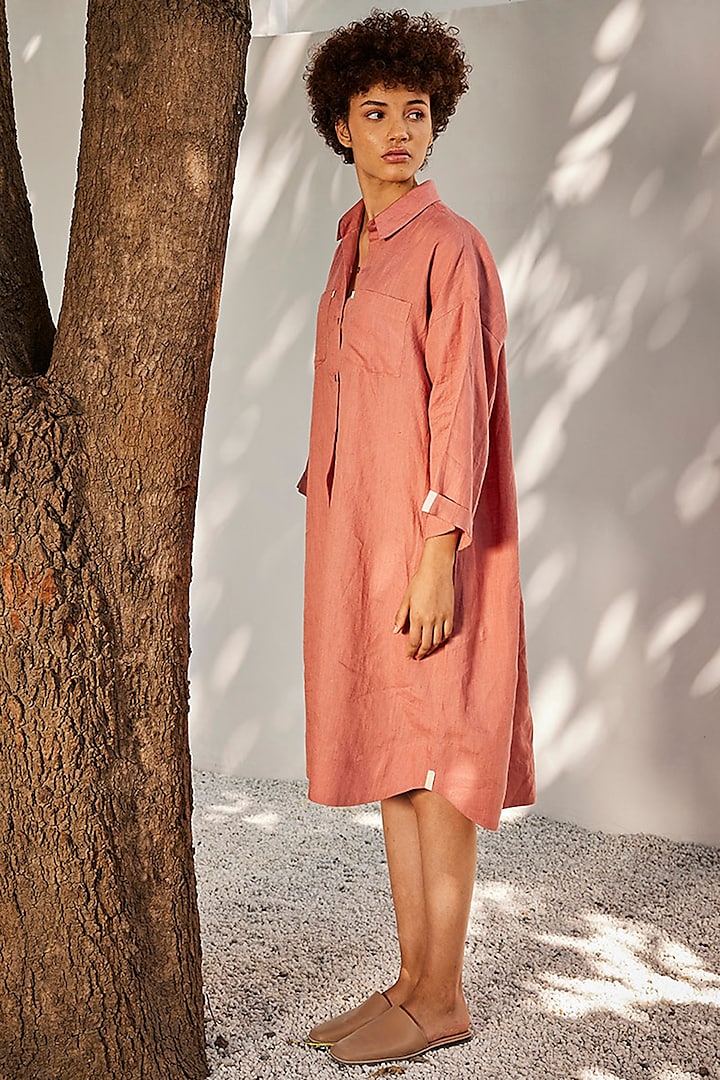 Salmon Pink Linen Shirt Dress by Khara Kapas