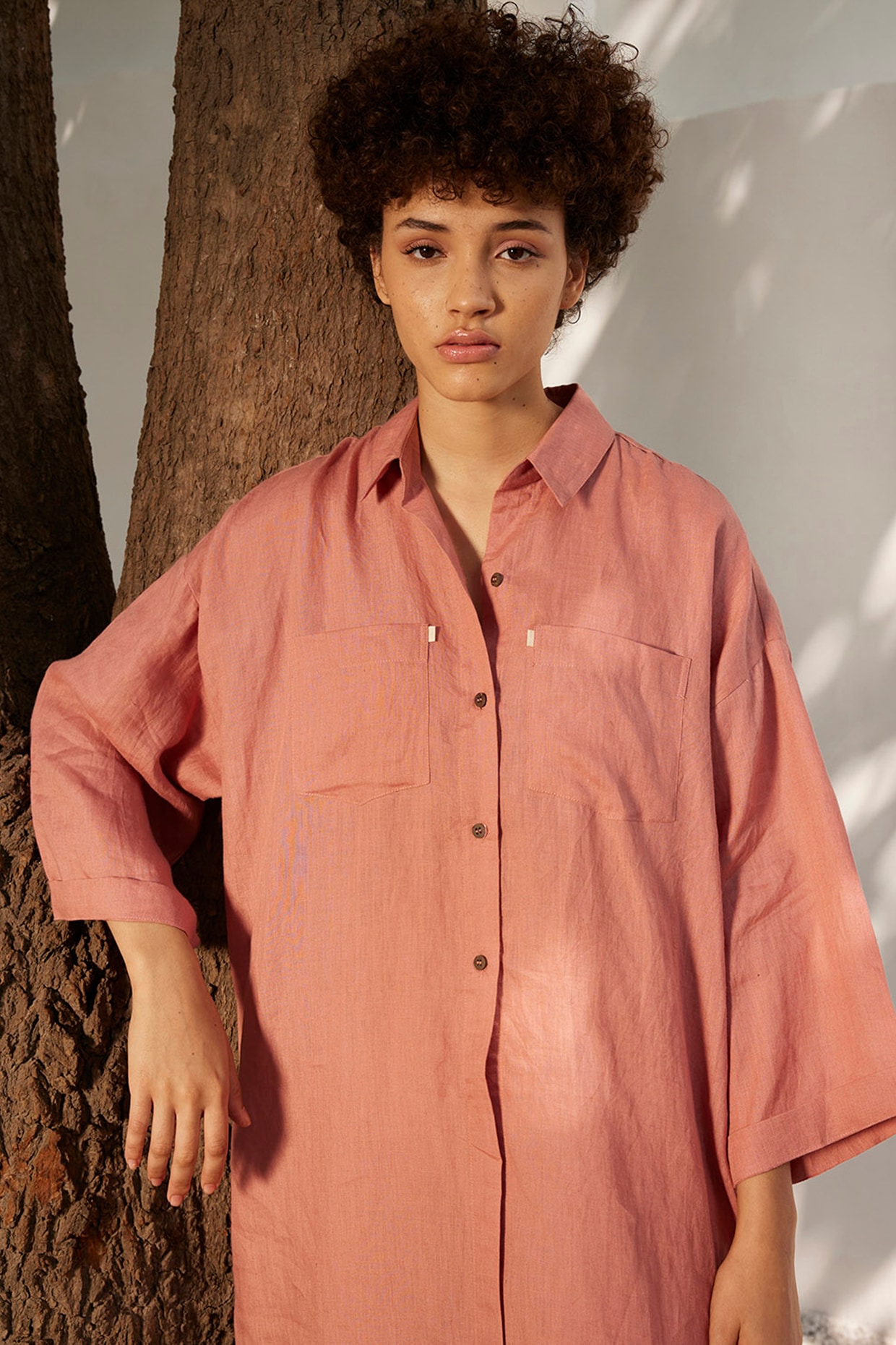 Salmon Pink Linen Shirt Dress Design by Khara Kapas at Pernia s