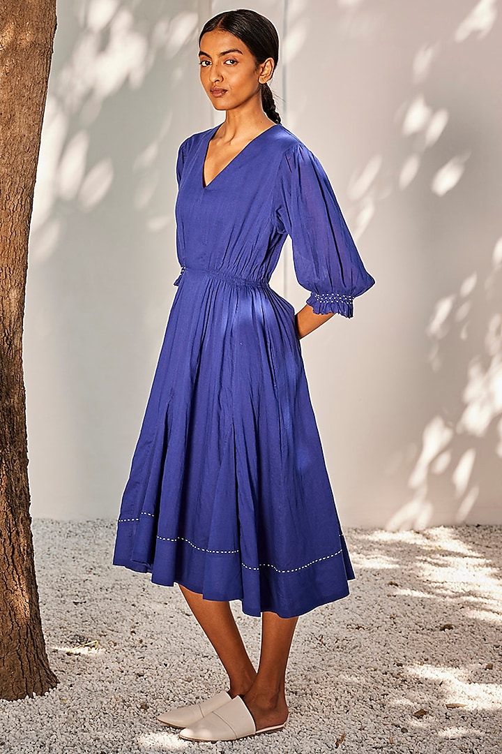 Indigo Blue Mulmul Cotton Flared Dress by Khara Kapas