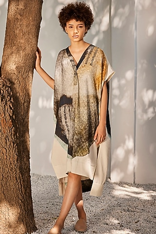 Off-White Mulmul Cotton Handcrafted Kaftan Dress by Khara Kapas