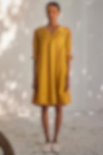 Mustard Yellow Mulmul Cotton Smocked Dress by Khara Kapas