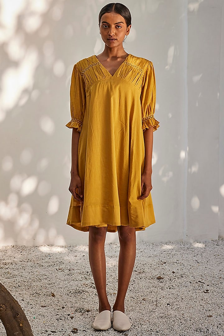 Mustard Yellow Mulmul Cotton Smocked Dress by Khara Kapas