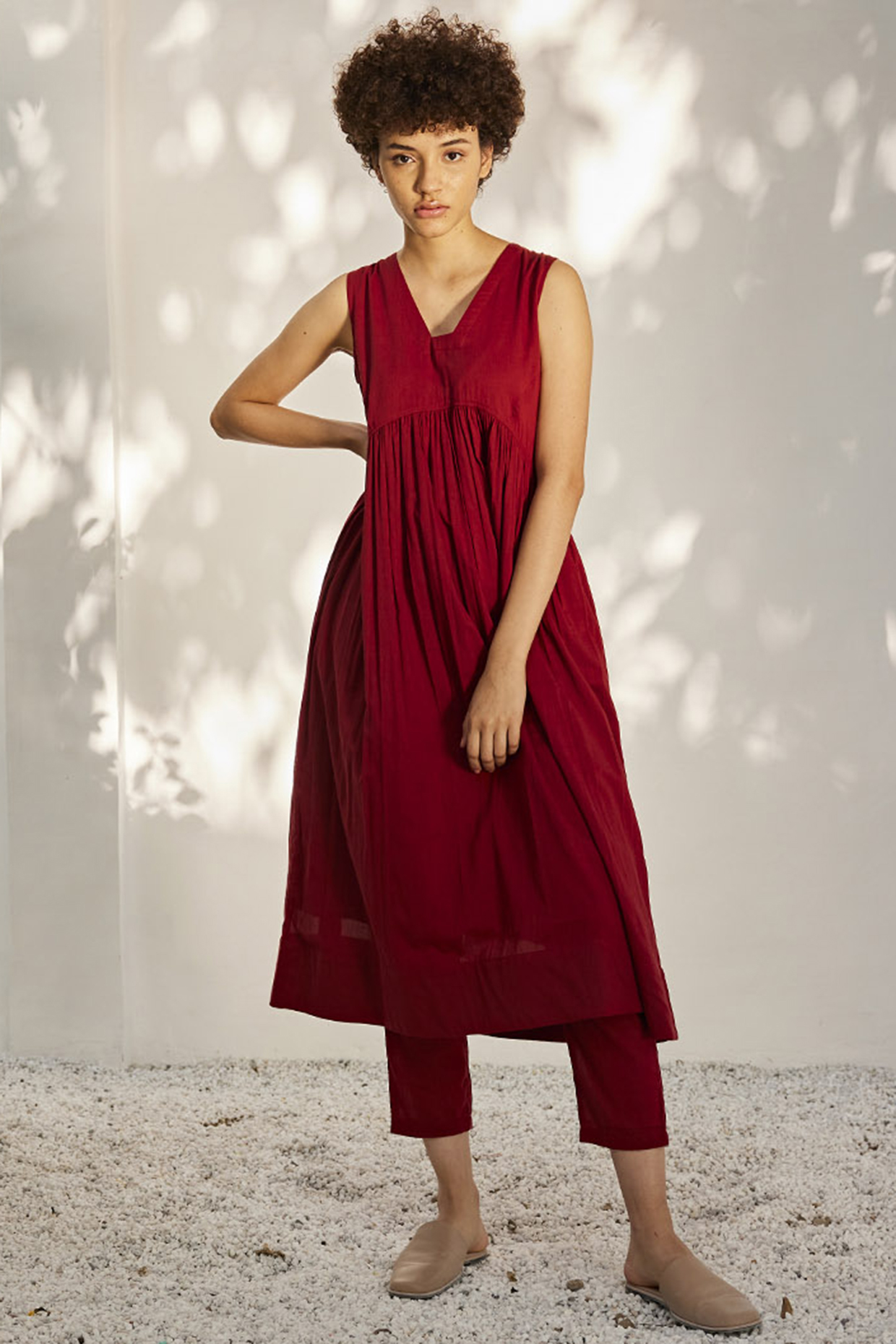 Brick Red Mulmul Cotton Tunic Set by Khara Kapas at Pernia's Pop Up Shop