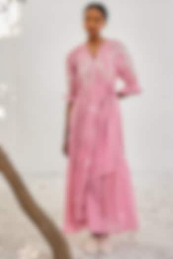 Pale Pink Mulmul Cotton Printed Wrap Dress by Khara Kapas