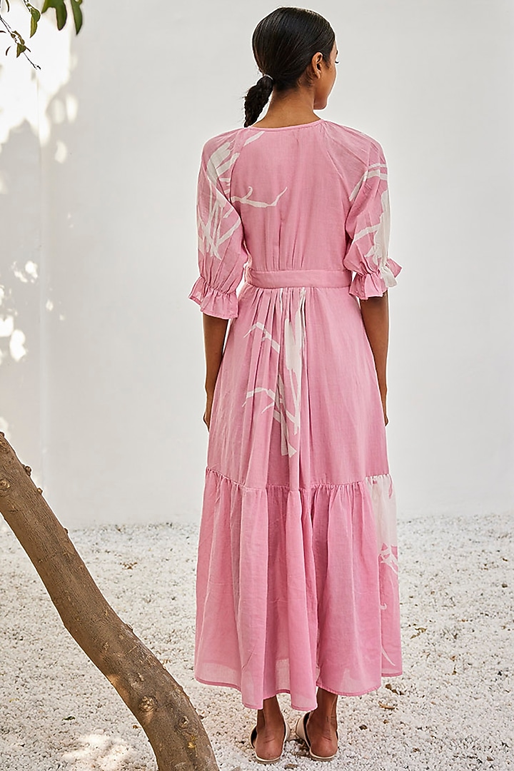 Pale Pink Mulmul Cotton Printed Wrap Summer Dress by Khara Kapas at Pernia's Pop Up Shop