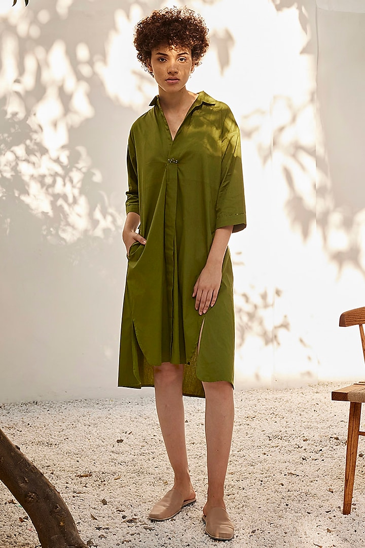 Sap Green Cotton Poplin Embroidered Box Pleated Dress by Khara Kapas