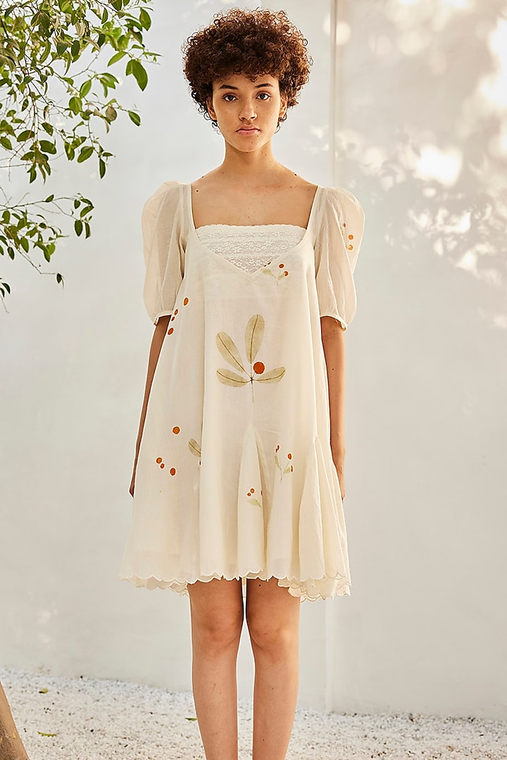 Off-White Mulmul Cotton Flared Dress by Khara Kapas