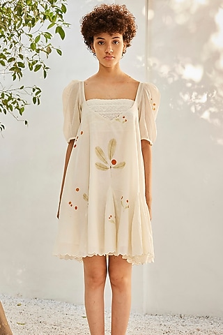 Off-White Mulmul Cotton Flared Dress by Khara Kapas