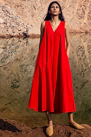 Red Pleated Midi Dress by Khara Kapas