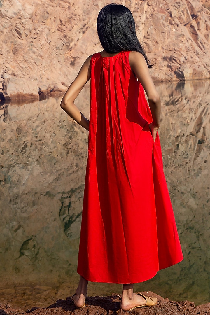 Red Pleated Midi Summer Dress by Khara Kapas at Pernia's Pop Up Shop