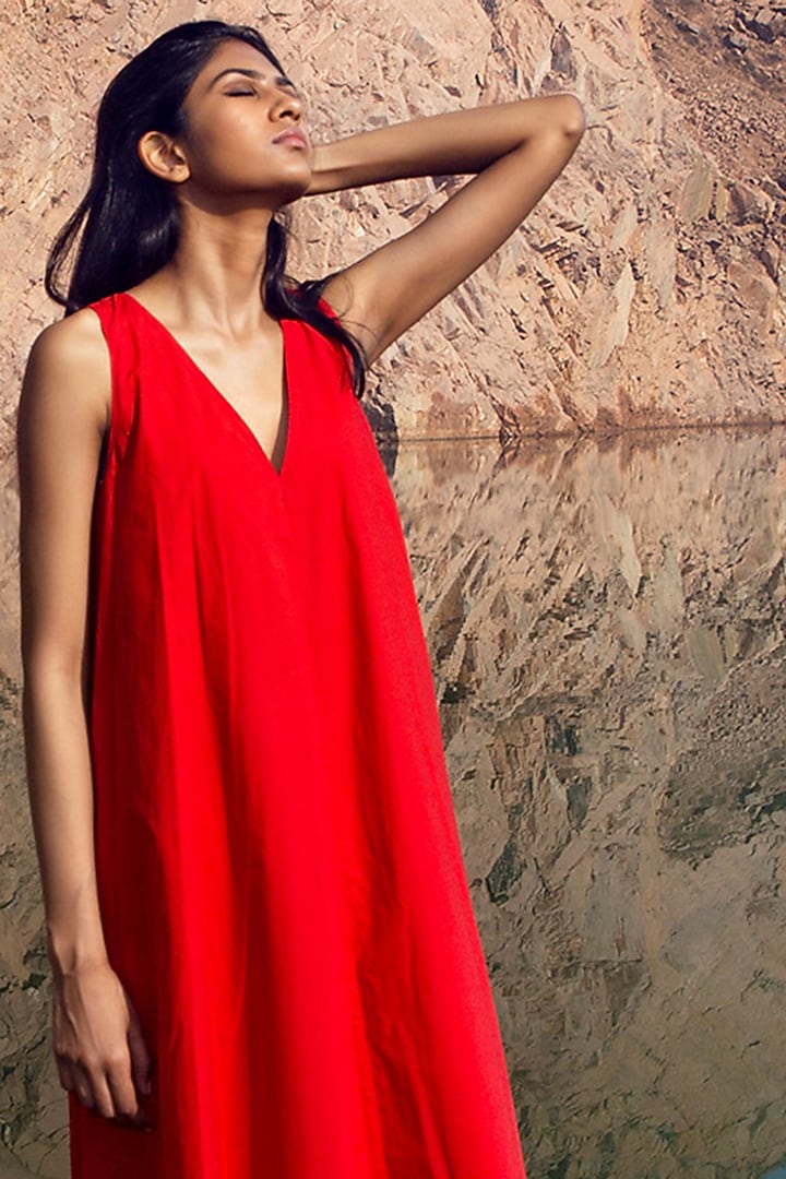 Red Pleated Midi Summer Dress by Khara Kapas at Pernia's Pop Up Shop