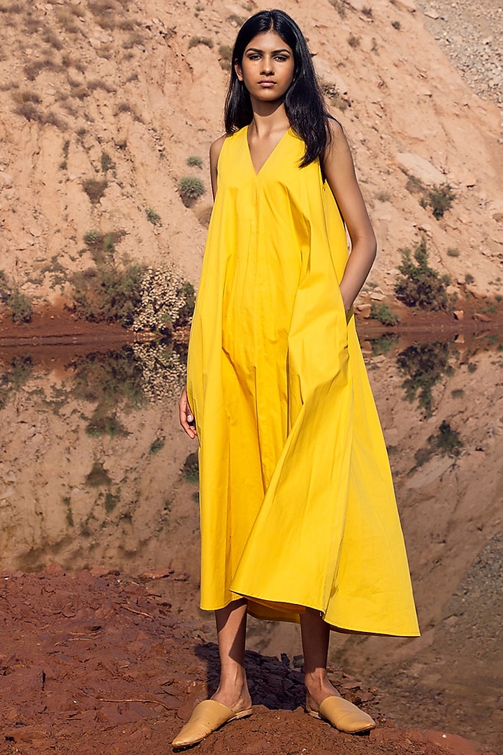Yellow Pleated Midi Dress by Khara Kapas