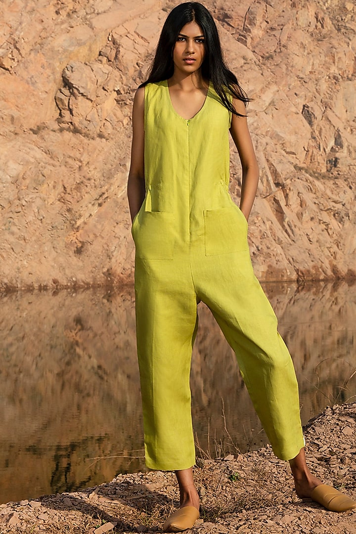 Lime Green Elasticated Jumpsuit by Khara Kapas