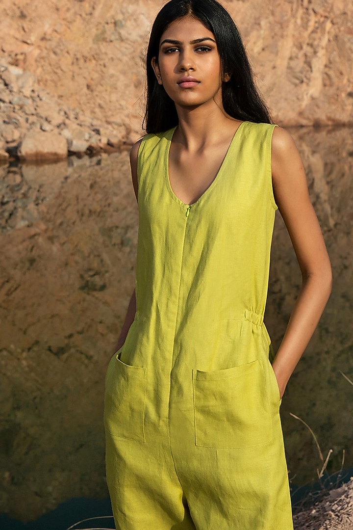 Lime Green Elasticated Jumpsuit by Khara Kapas at Pernia's Pop Up Shop
